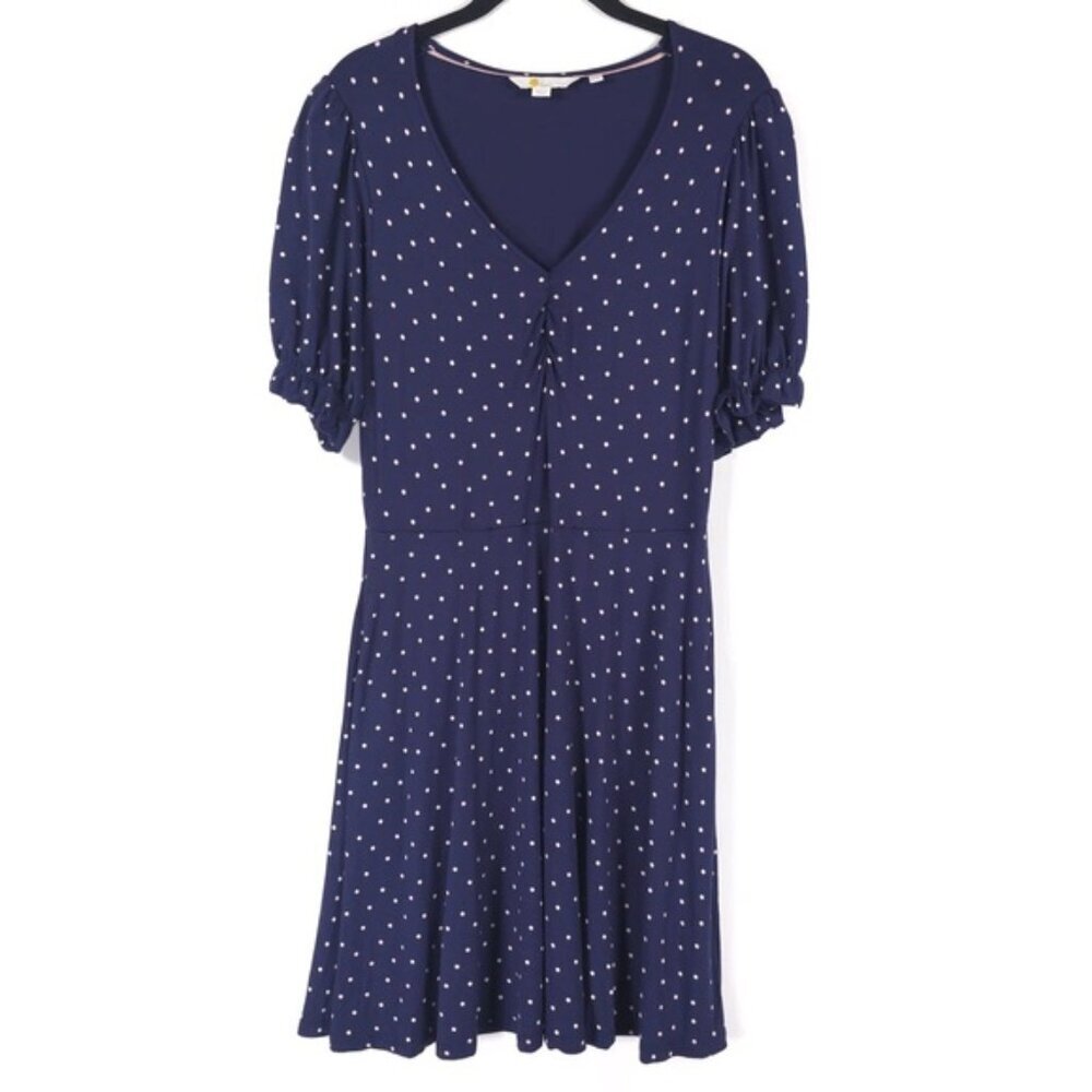 BODEN Short Puff Sleeve Jersey Mini Dress Polka Dot V Neck D0136 Size 8R‎